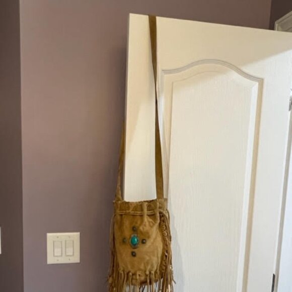 Free People Suede Leather Beaded Fringe Crossbody with Faux Turquoise - Picture 13 of 15